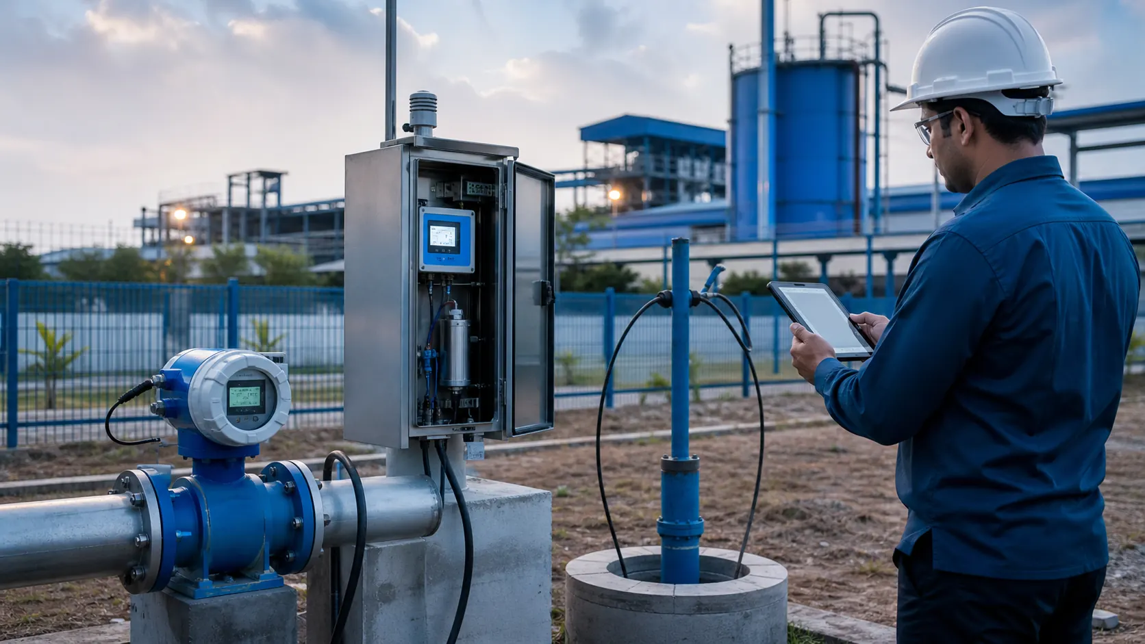 Facility engineer checking groundwater flow meter and monitoring equipment at an industrial site