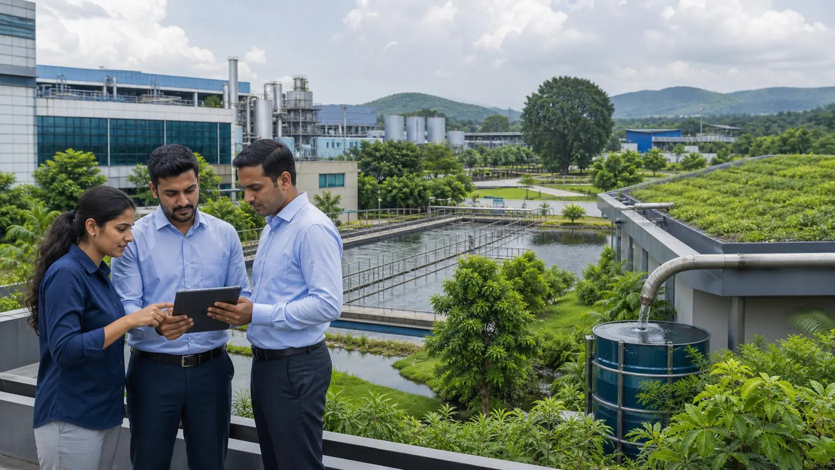 Industrial sustainability team reviewing water management performance at a green manufacturing campus