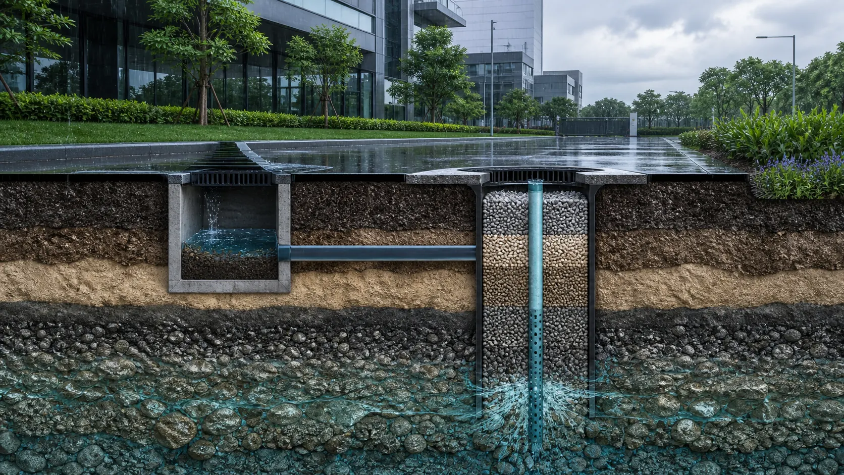 Cutaway view of a groundwater recharge pit, filtration layers and recharge shaft