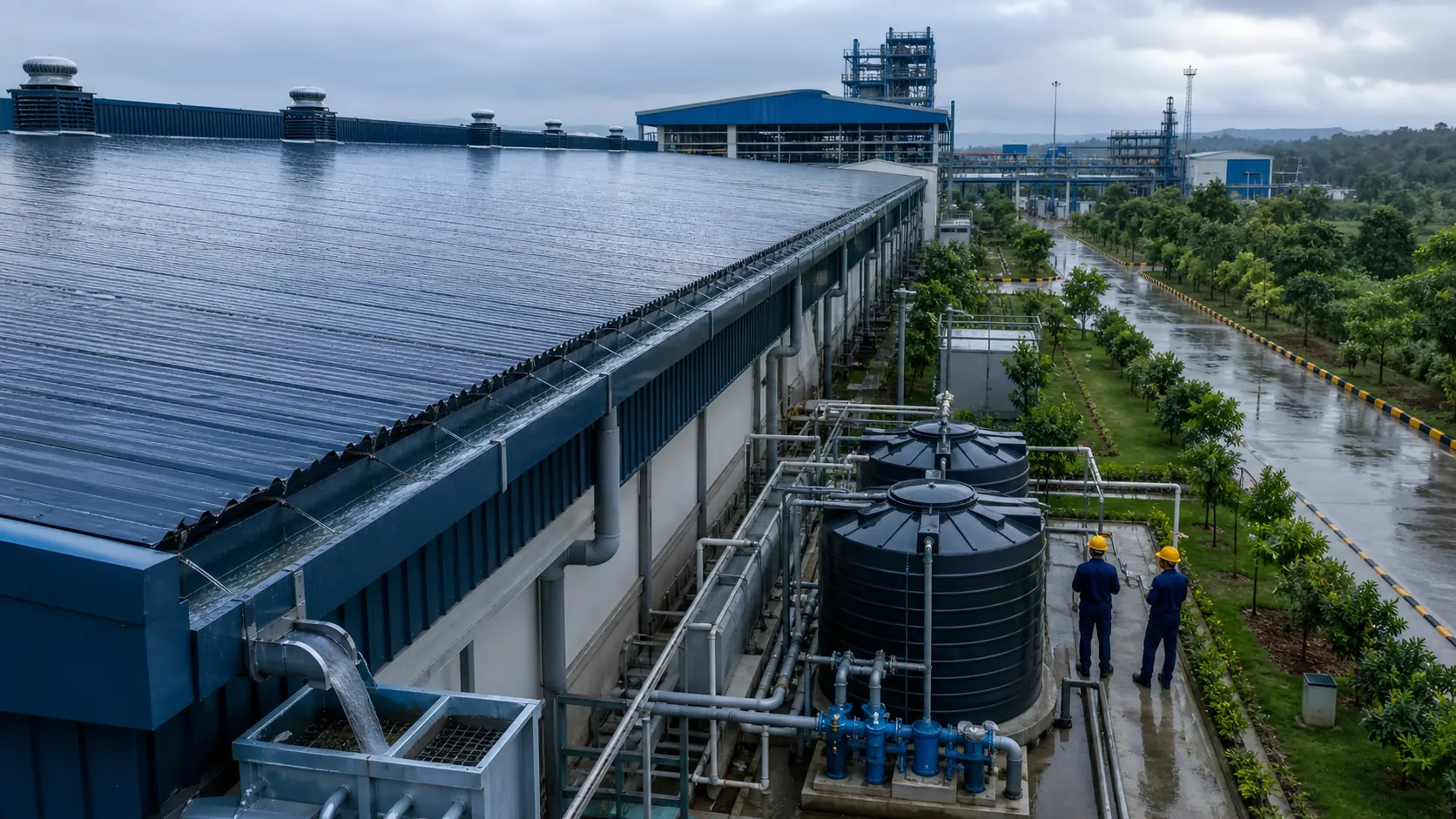 Industrial rooftop rainwater harvesting system collecting monsoon runoff into storage tanks