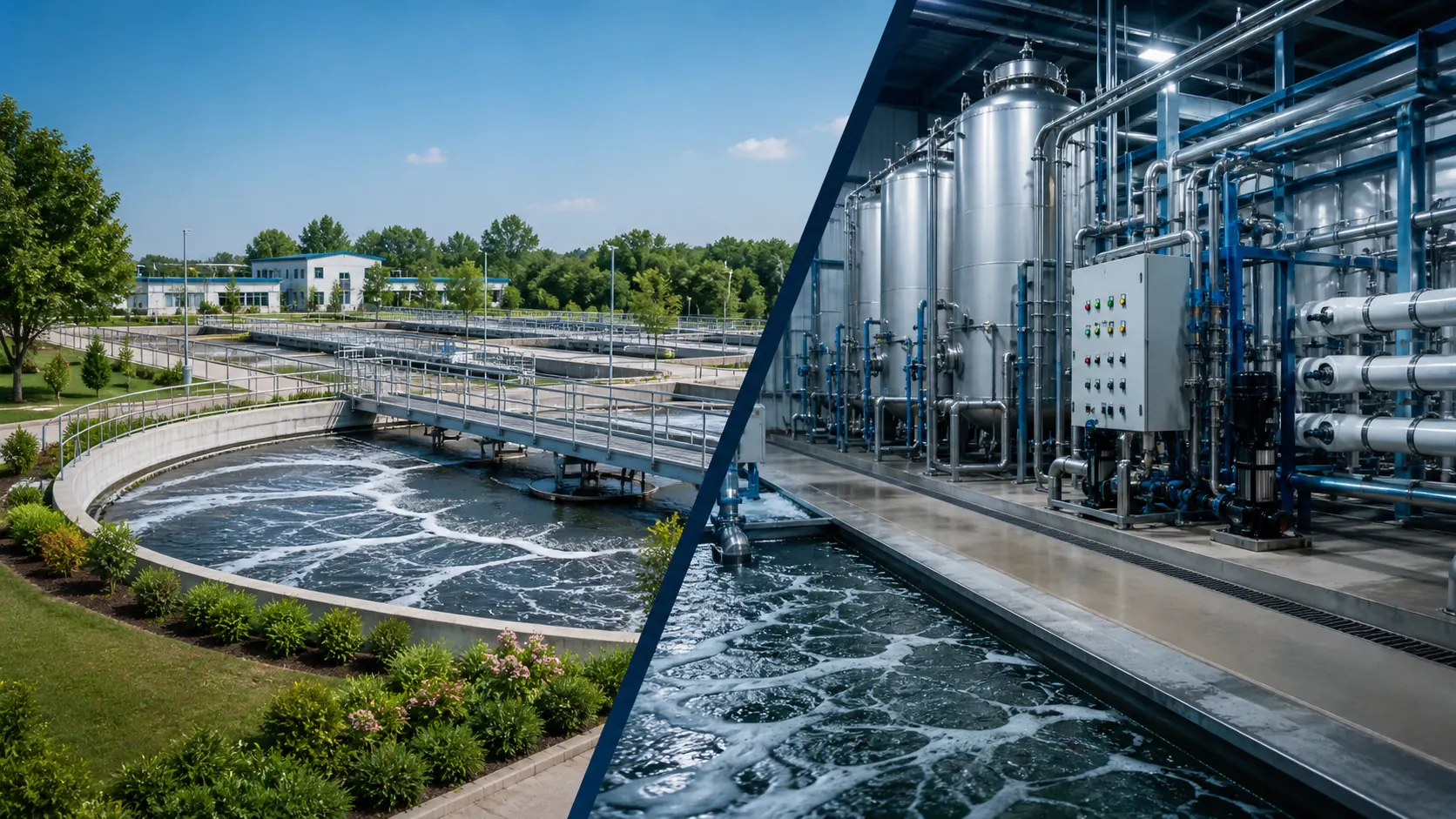 Side-by-side view of a sewage treatment plant and an industrial effluent treatment plant