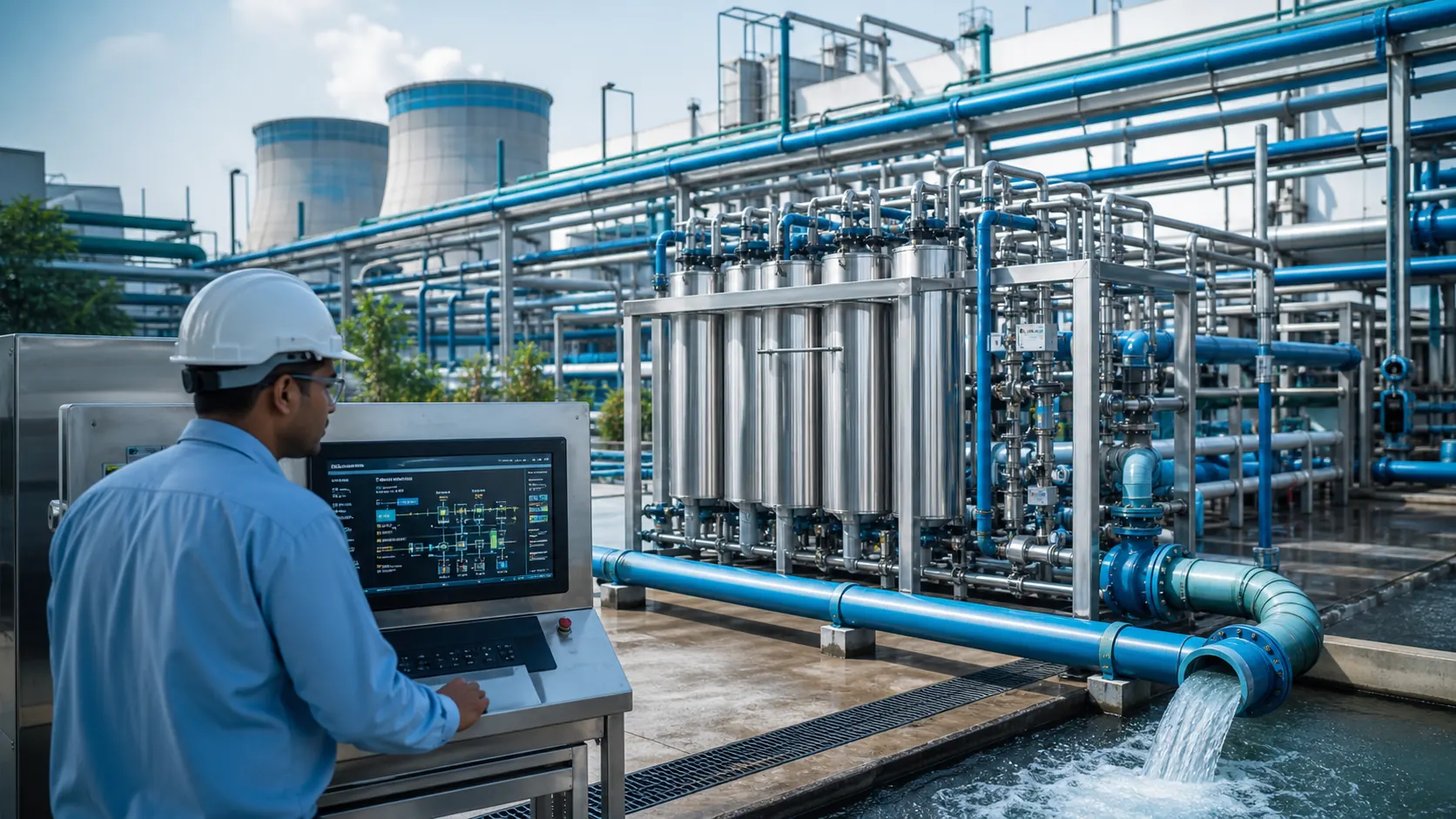Industrial water recycling system returning treated water to facility utilities